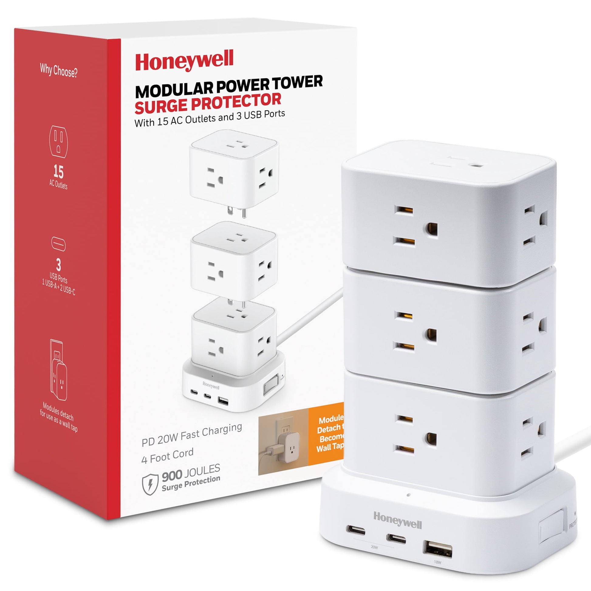 Honeywell Power Tower Modular Charging Station, 15 AC Outlets, 3 USB Ports (1 USB-A, 2 USB-C 20W PD), 900 Joules Surge Protector, 4ft Extension Cord, White