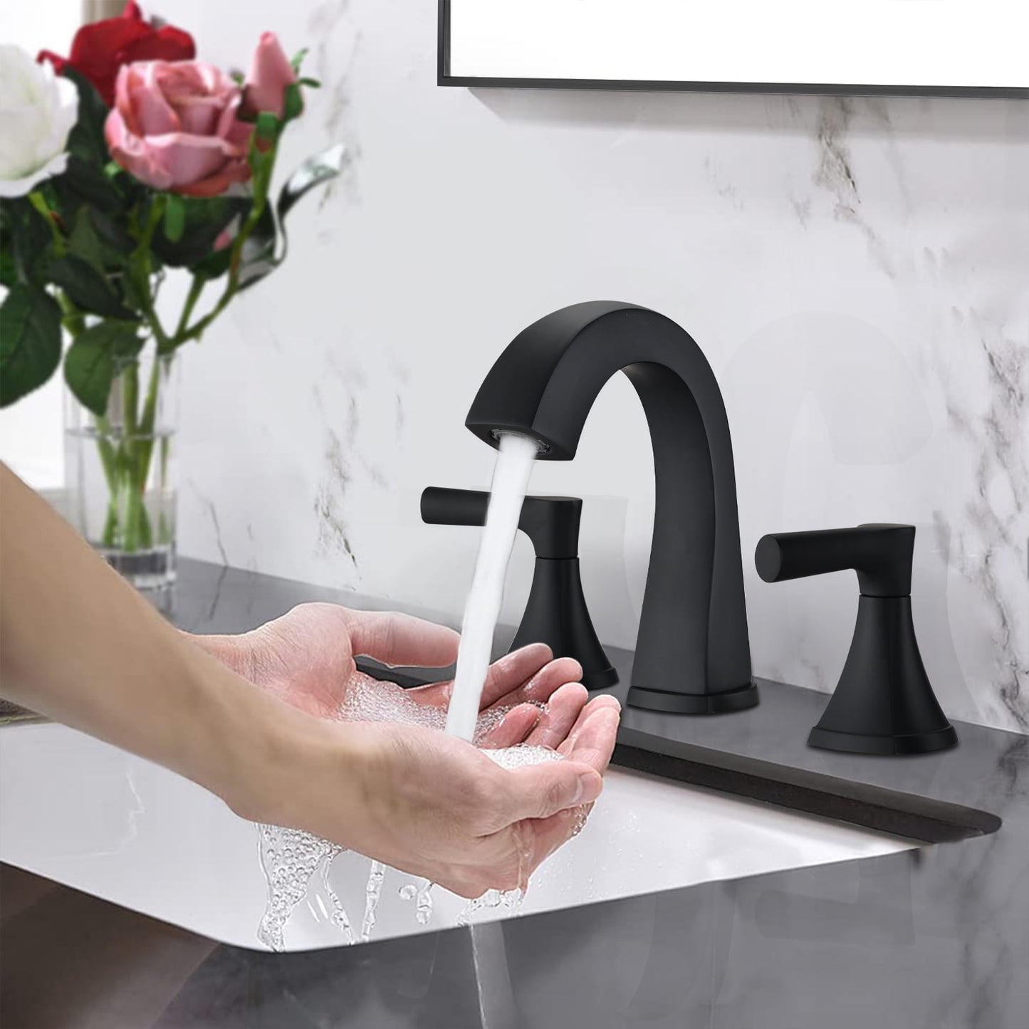 Premium vanity bathroom faucet system,classic dual handle control,convenient temperature adjustment,3-hole countertop mount design and hardware,perfect for modern bathroom vanities,Matte Black