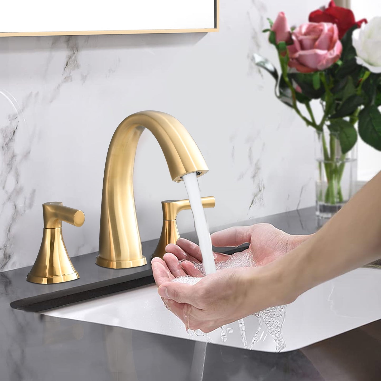 Premium vanity bathroom faucet system,classic dual handle control,convenient temperature adjustment,3-hole countertop mount design and hardware,perfect for modern bathroom vanities,Brushed Gold