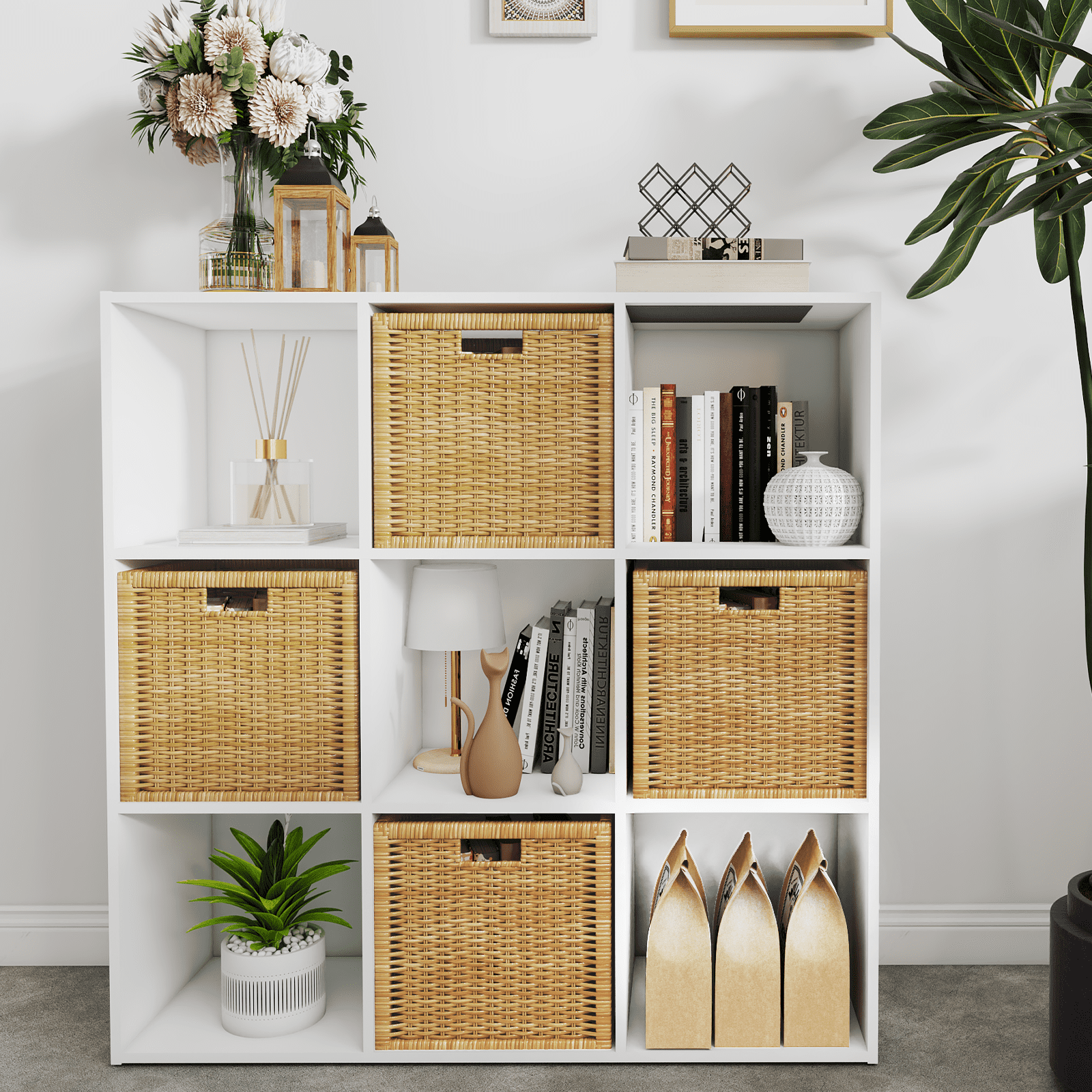 Prilinex 9-Cube Storage Organizer - Open Storage Shelf Fits Cubby Bins, Stackable Square Cubicle Bookshelf Cabinet ,Wood Cube Shelf for Home Office Organization Toy Clothes, White