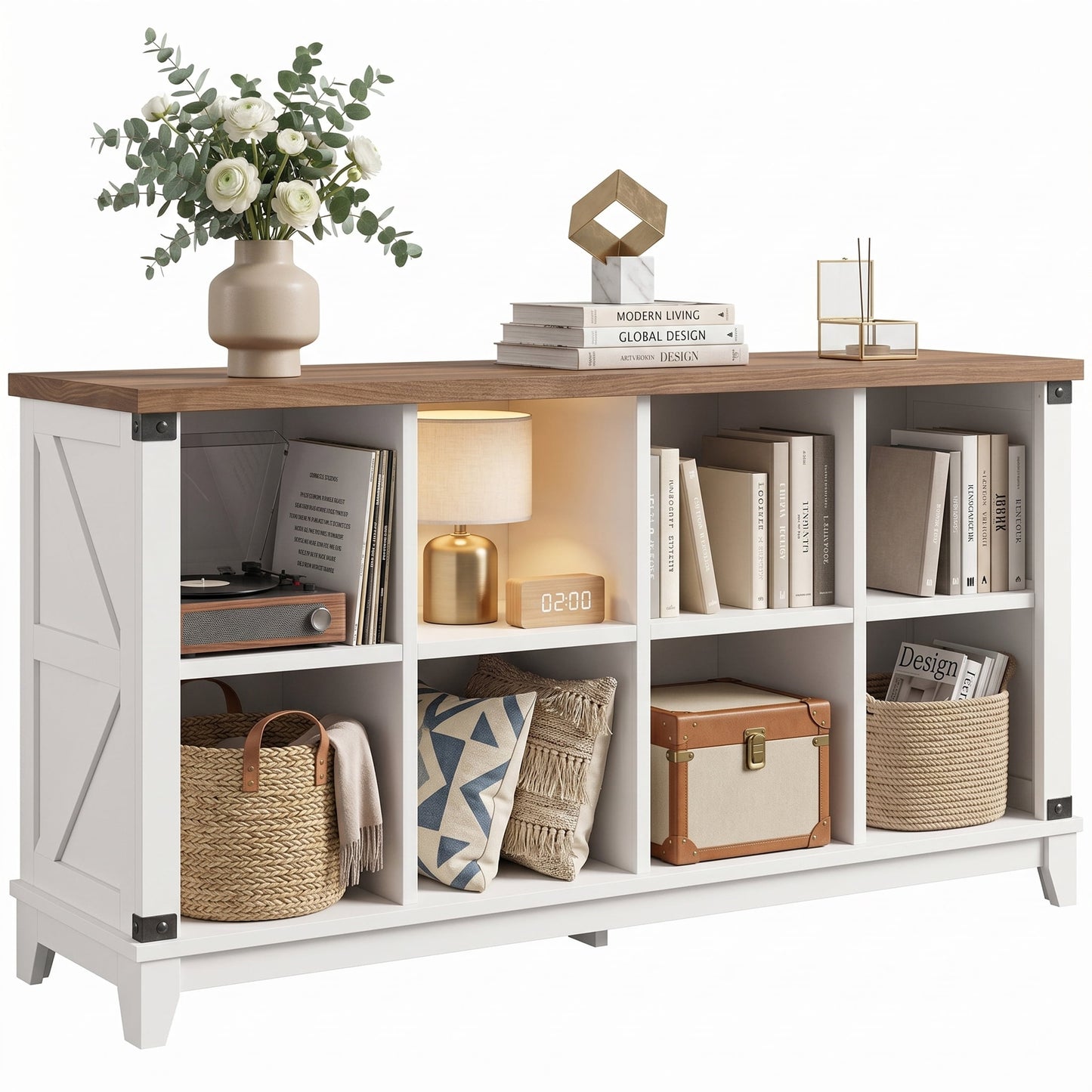 Prilinex Farmhouse 8-Cube Storage Organizer with 4 Storage Bins, Low Wooden Cube Bookshelf, Horizontal Bookshelf for Living Room Entryway Bedroom, White