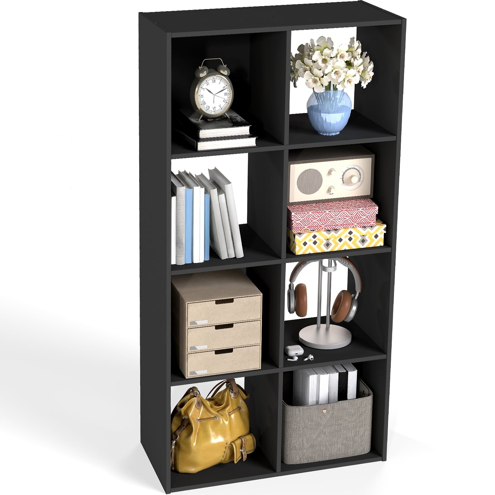 Prilinex Stackable 8 Cube Storage Organizer - Wood Cube Shelf Fits Cubby Bins, Cubicle Bookshelf with Open Shelves & Anti-Tipping Kits for Living Room, Home Office, Black
