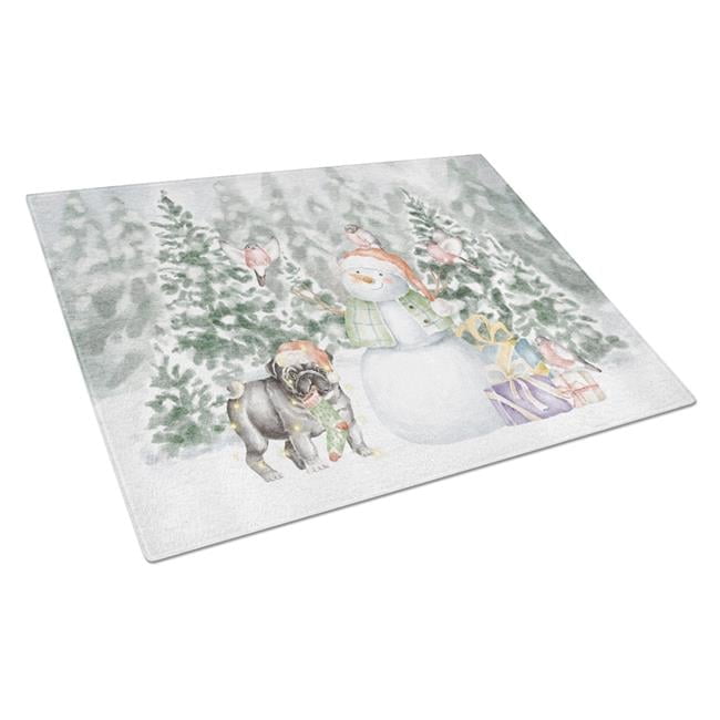 Pug Black Standing with Christmas Presents Glass Cutting Board Large 12 in x 15 in