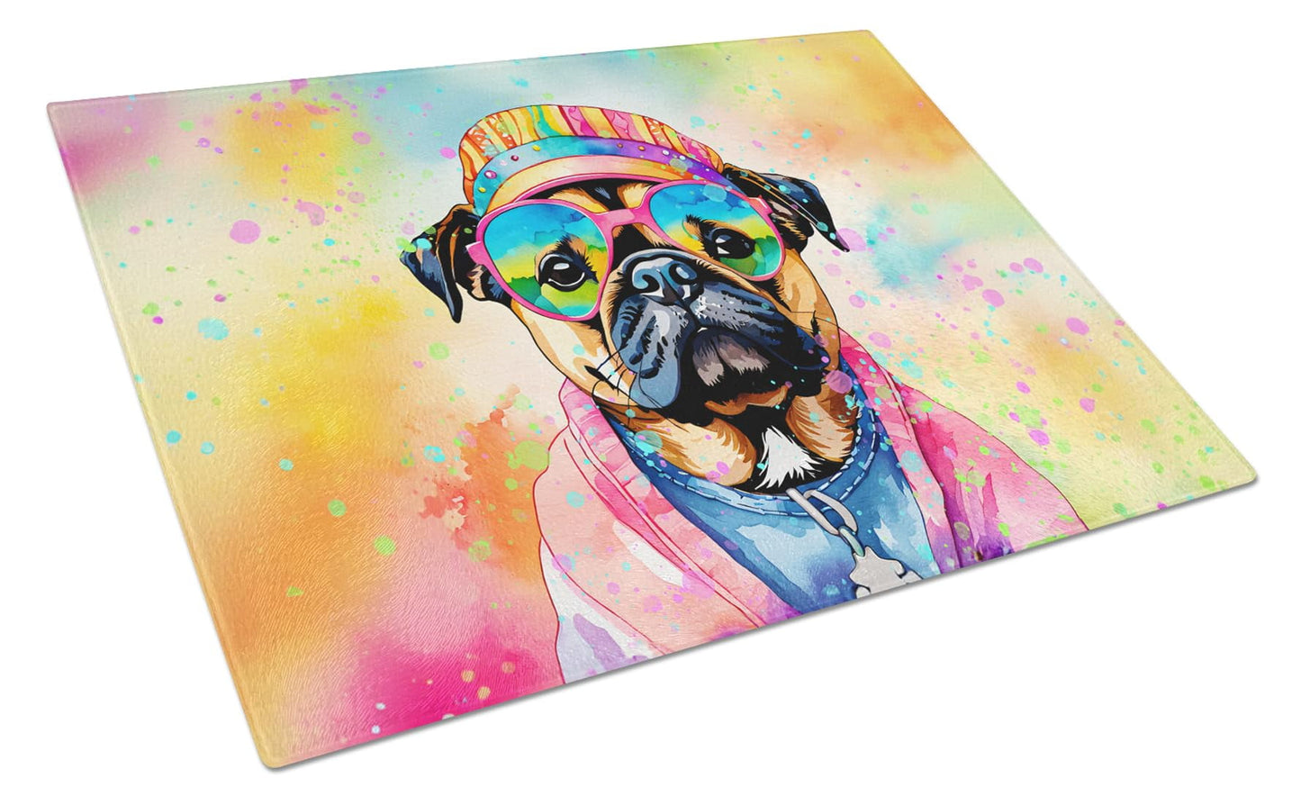Pug Hippie Dawg Glass Cutting Board Large 12 in x 15 in