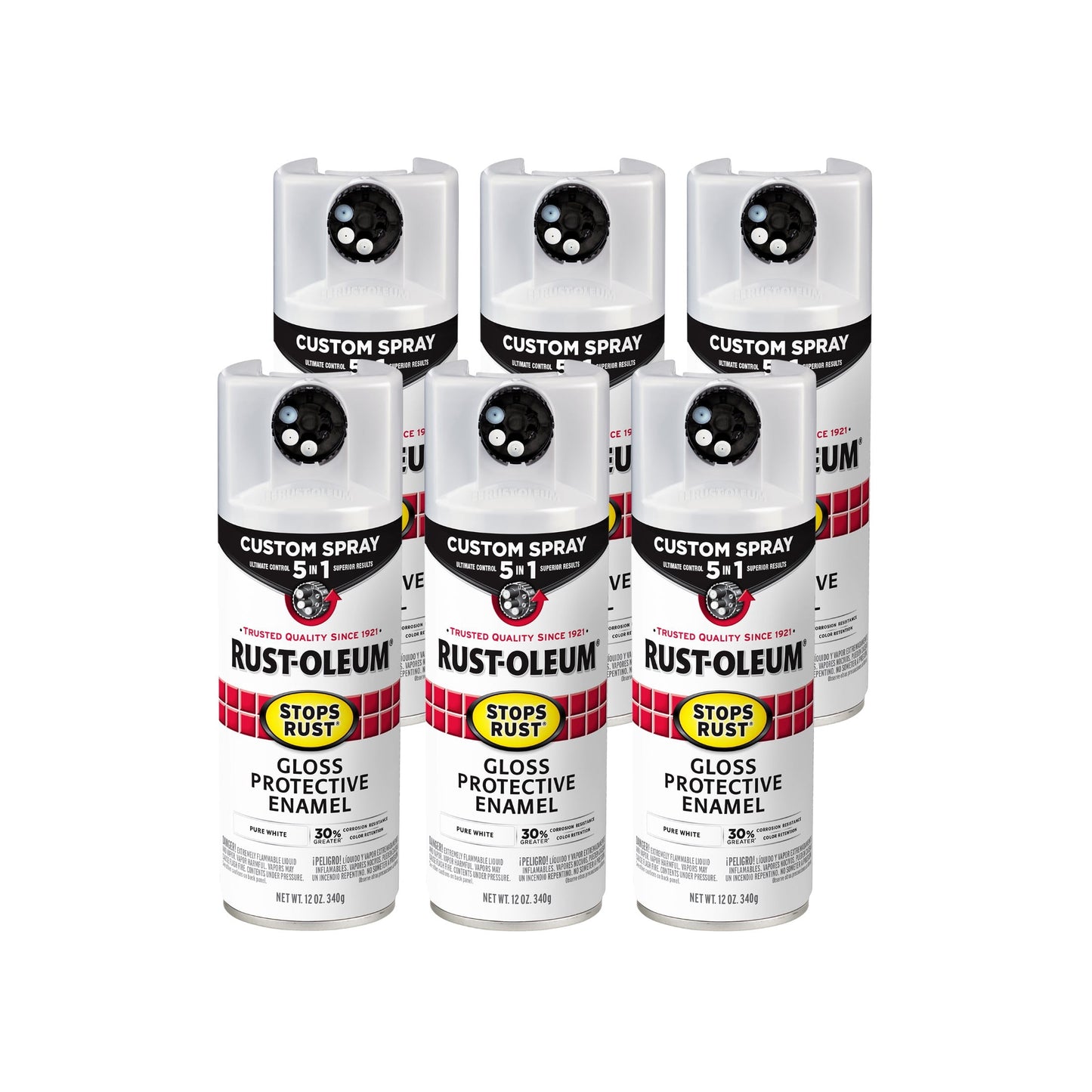 6 Pack, Pure White, Rust-Oleum Stops Rust Custom Spray 5 in 1 Gloss Spray Paint-384745, 12 oz