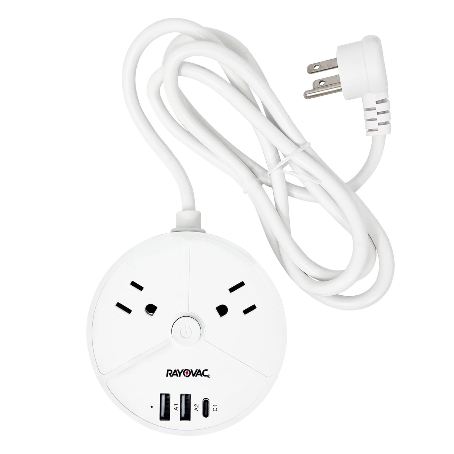 RAYOVAC Charge Disk 2-AC Outlet 540-Joules Surge Protector with 2 USB-A and 1 USB-C Ports, 5-Ft. Cord SS-P203