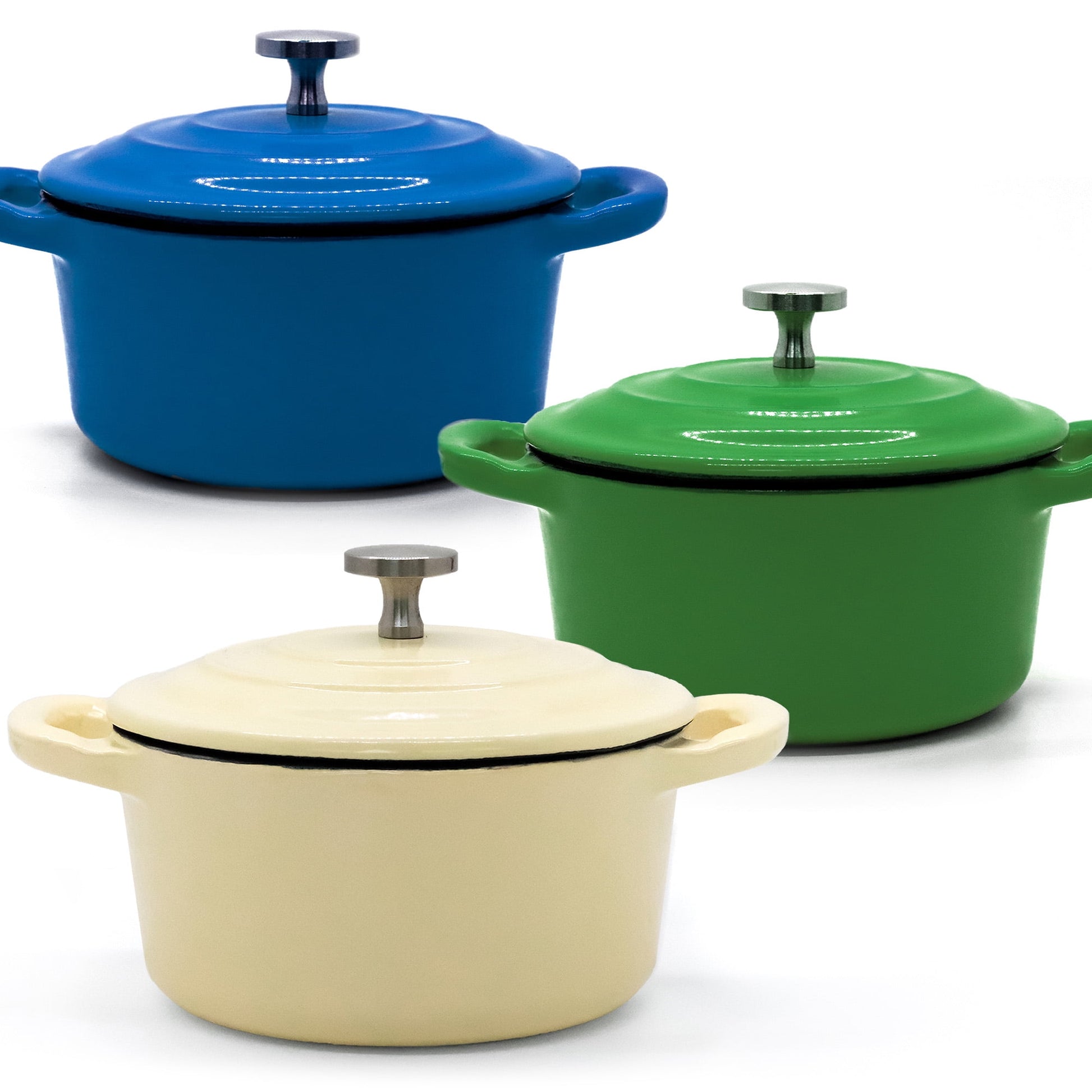 RJ Legend 8.5 oz Cast Iron Pot, Enameled Cast Iron Mini Pot, Round Mini Cocotte, 5.5-Inch Cast Iron Pot with Lid, 3-Piece Cast Iron Set - Blue - Green - White