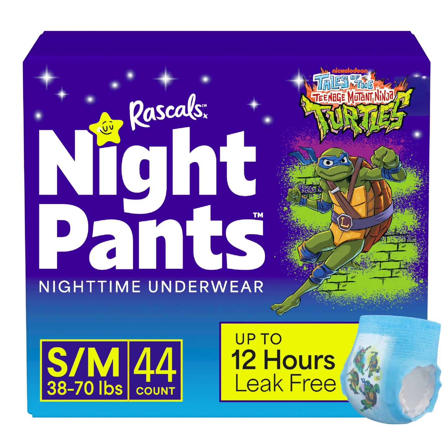 Rascals Night Pants Absorbent Boys Nighttime Bedwetting Underwear, Teenage Mutant Ninja Turtles, S/M, 44 Count