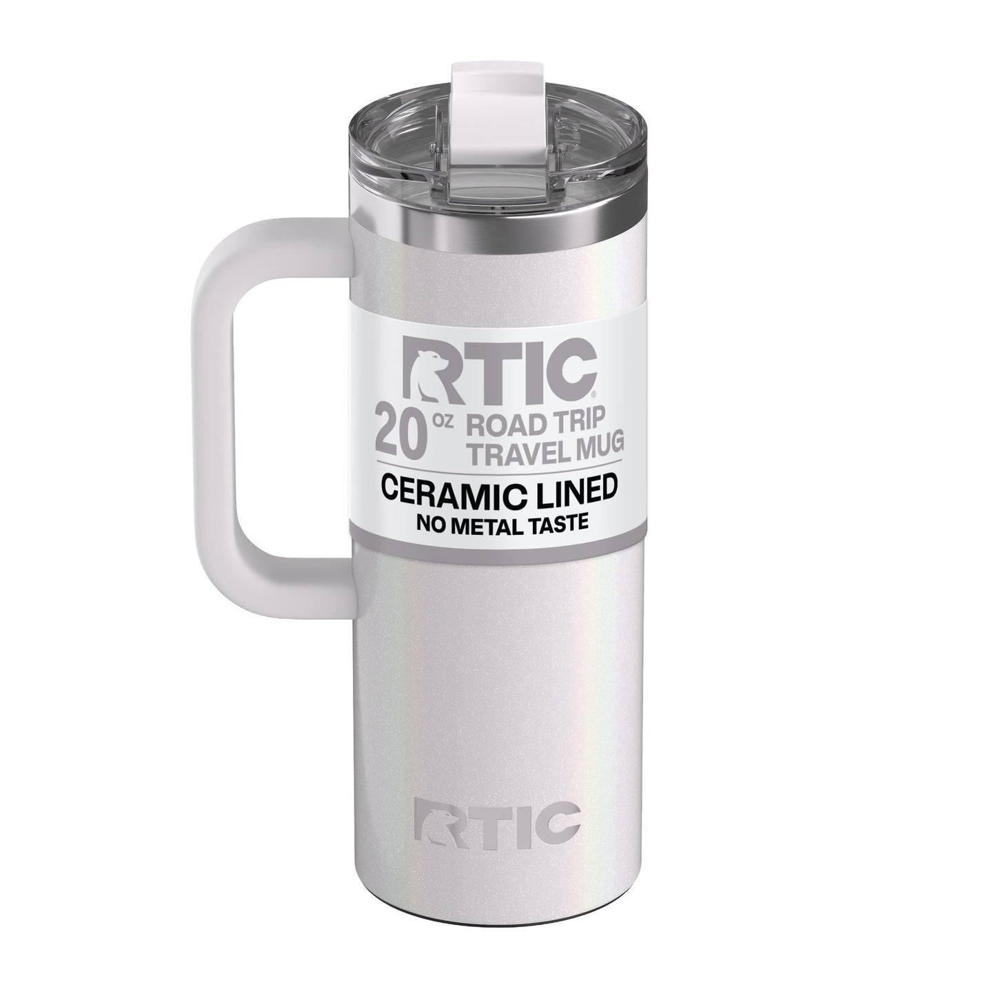 RTIC 20 oz Ceramic Lined Insulated Road Trip Travel Mug with Leak-Resistant Lid, White Glitter