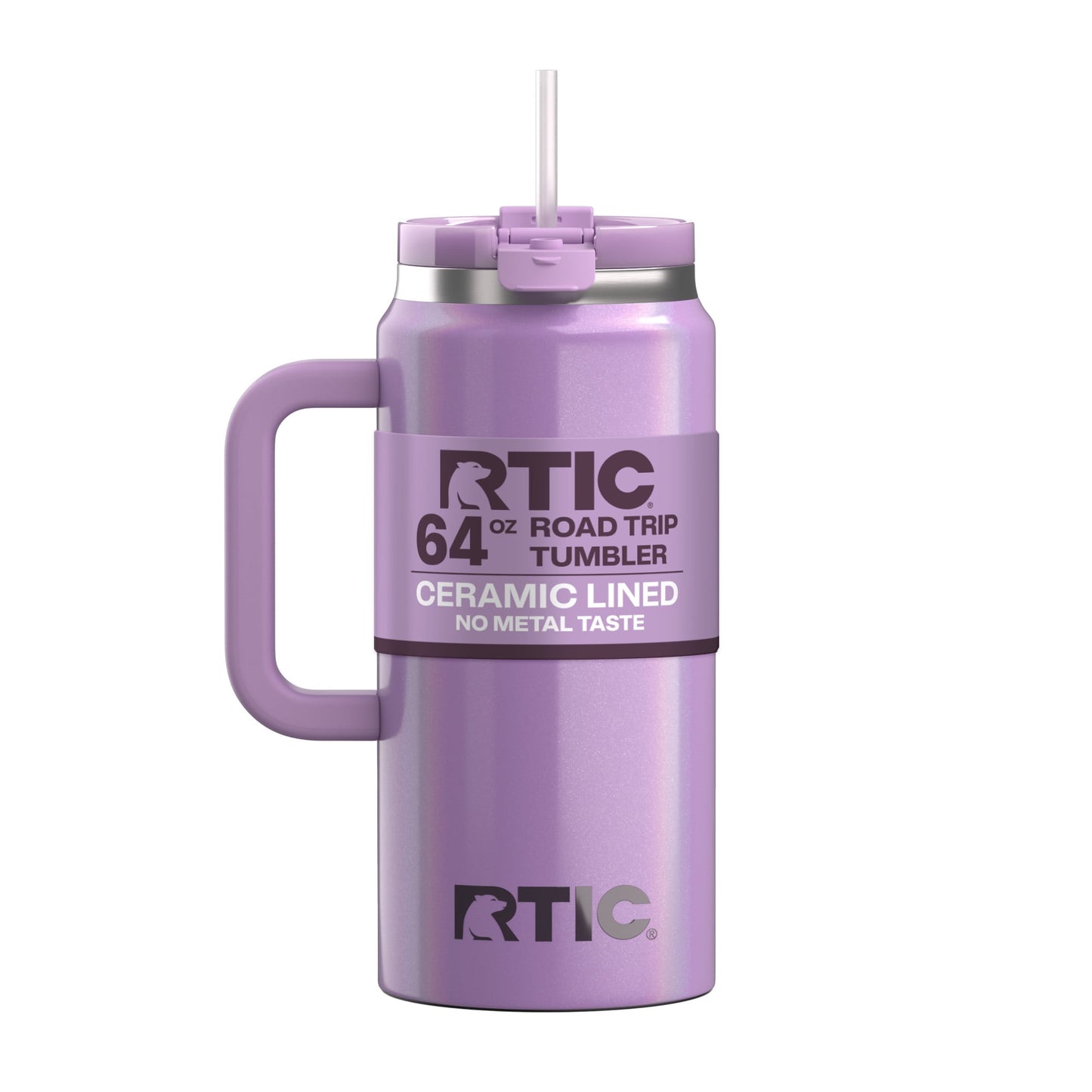 RTIC 64 oz Ceramic Lined Road Trip Tumbler with Handle and Leak-Resistant Straw Lid, Lavender Glitter