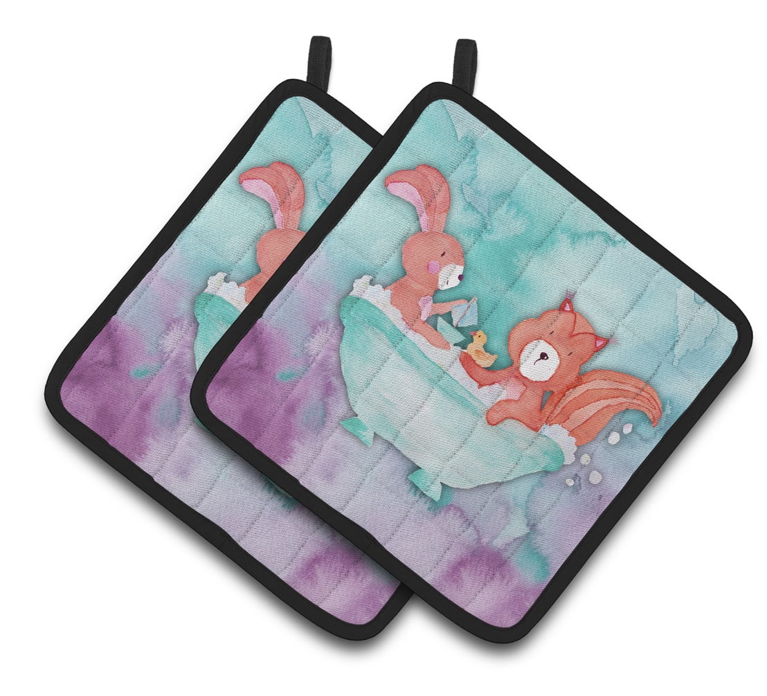 Rabbit and Squirrel Bathing Watercolor Pair of Pot Holders