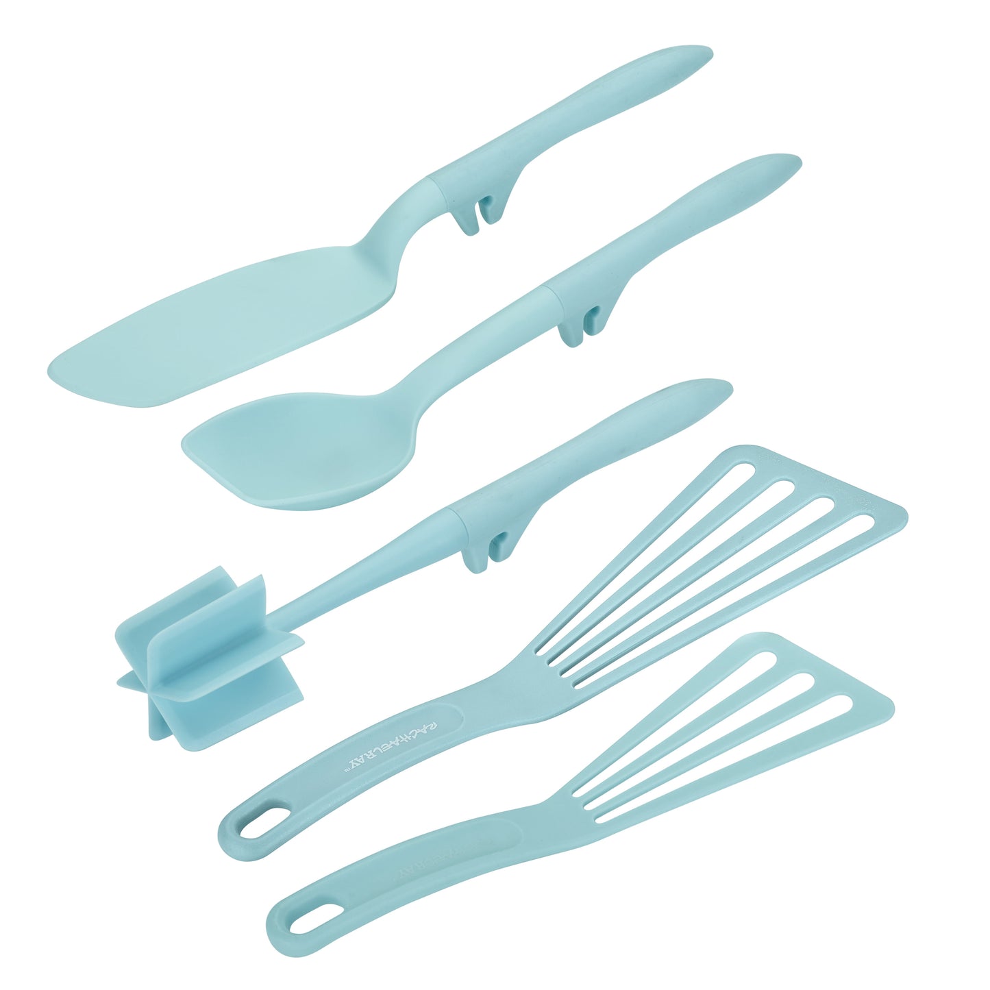 Rachael Ray Tools and Gadgets Lazy Crush & Chop, Flexi Turner, and Scraping Spoon Set, 5-Piece, Light Blue