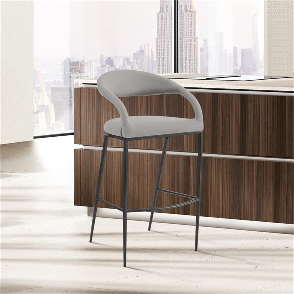 Ramona 30" Bar Stool with Matte Black Iron and Light Gray Leather