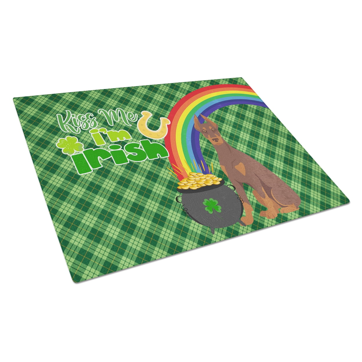 Red and Tan Doberman Pinscher St. Patrick's Day Glass Cutting Board Large 12 in x 15 in