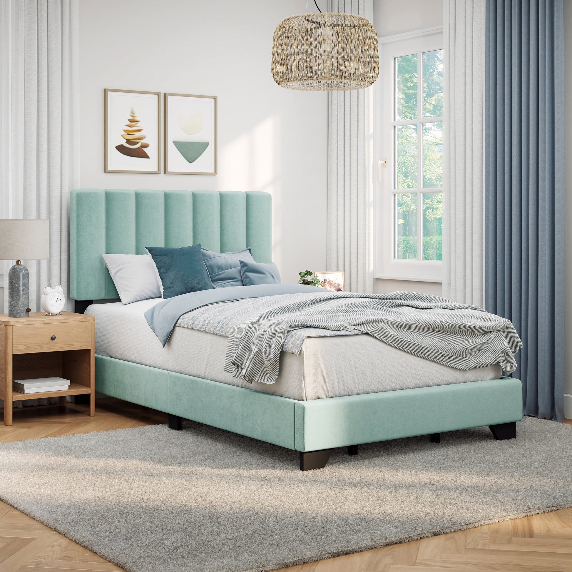 Reece Cama Full Tapizada con Costuras en Canal, Verde Caribe, de Hillsdale Living Essentials