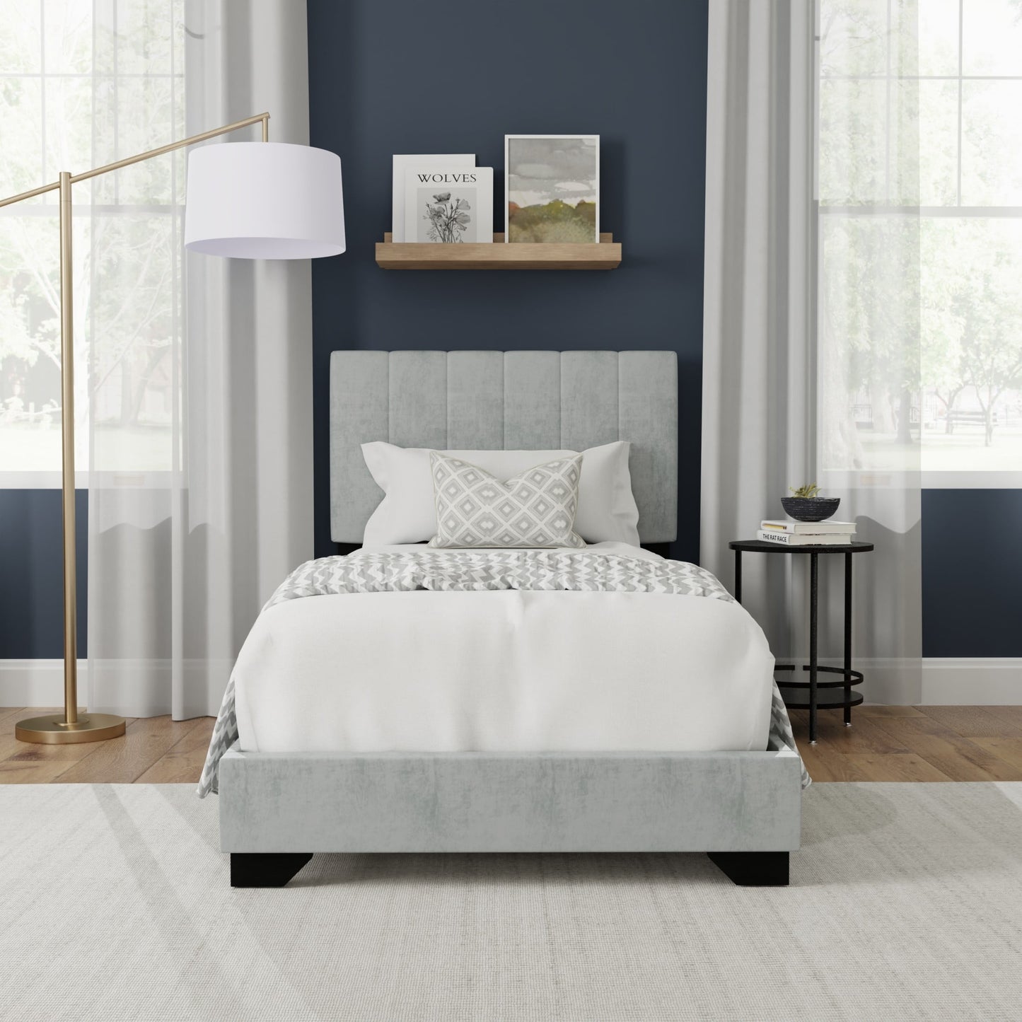 Reece Channel Stitched Upholstered Twin Bed, Platinum, by Hillsdale Living Essentials