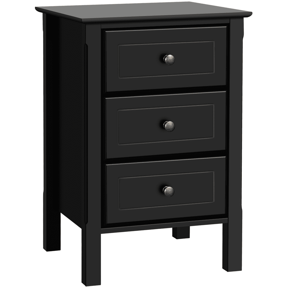 Renwick 3 Drawer Nightstand with Solid Wood Legs for Bedroom, Adults, Black