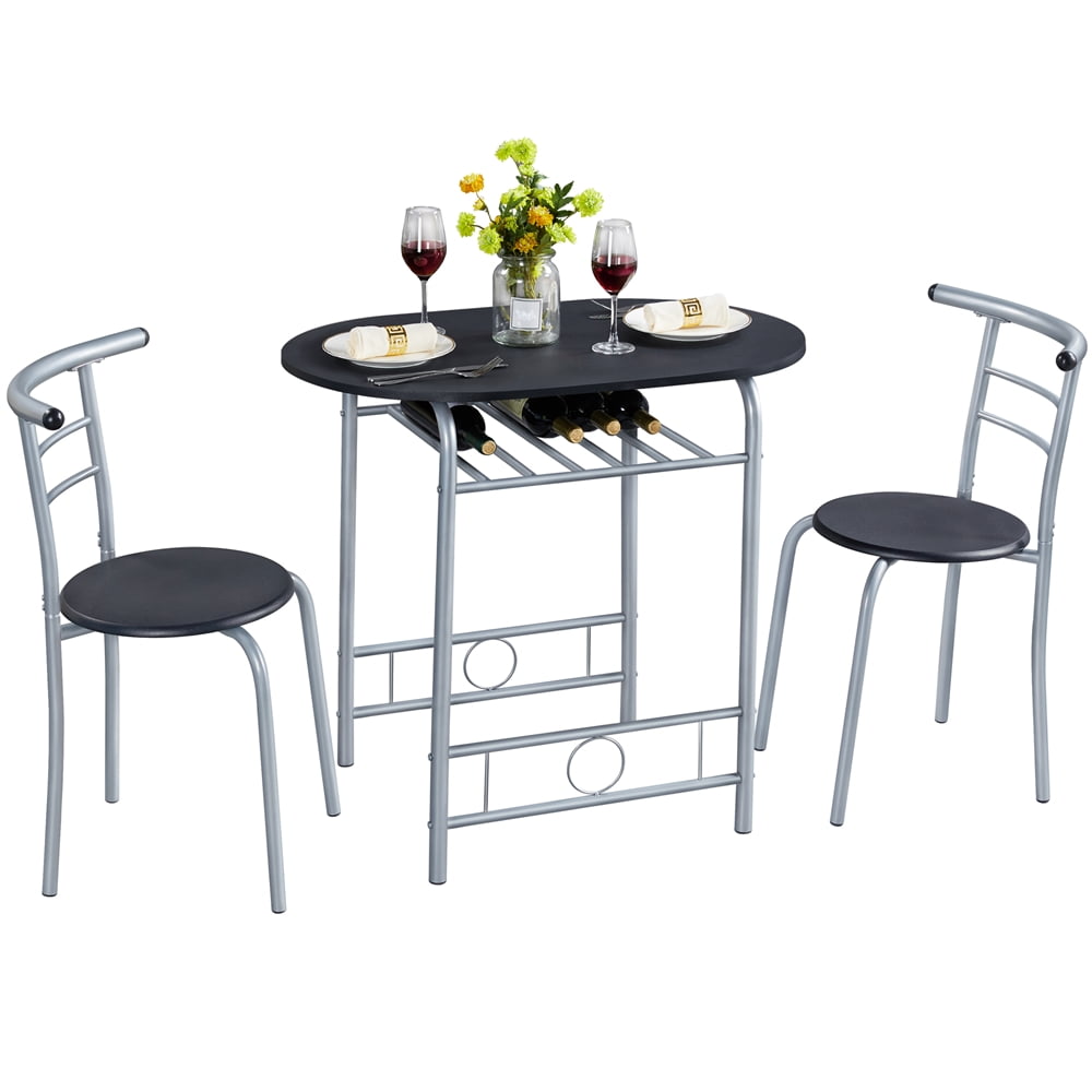 Easyfashion 3Pcs Round Dining Table Set Kitchen Table Set with Storage Rack, Black