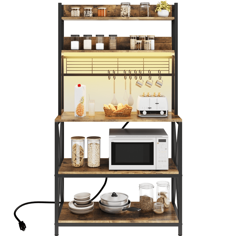 Renwick 5-Tier Industrial Kitchen Baker's Rack with Led Light and Power Outlets, Rustic Brown