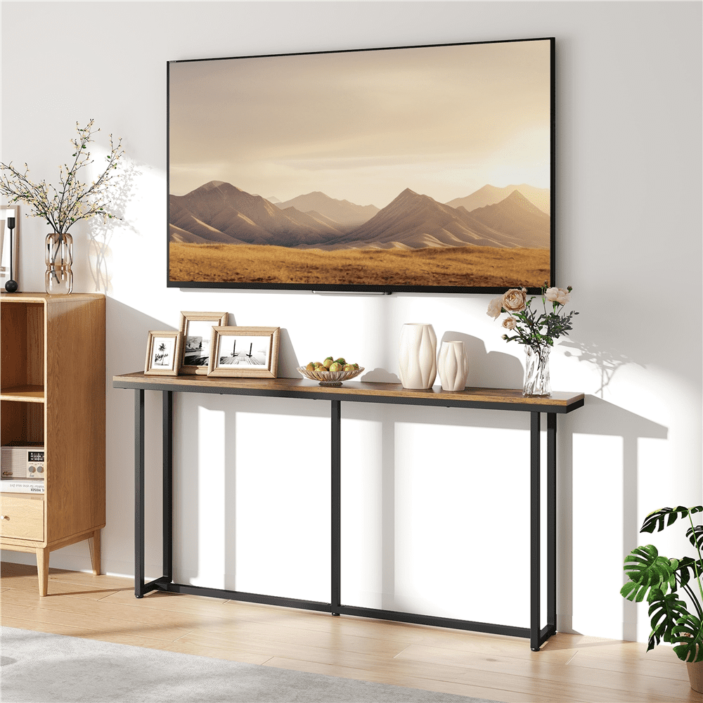 Renwick 63" L Modern Extended Console Table for Hallway Living Room, Rustic Brown