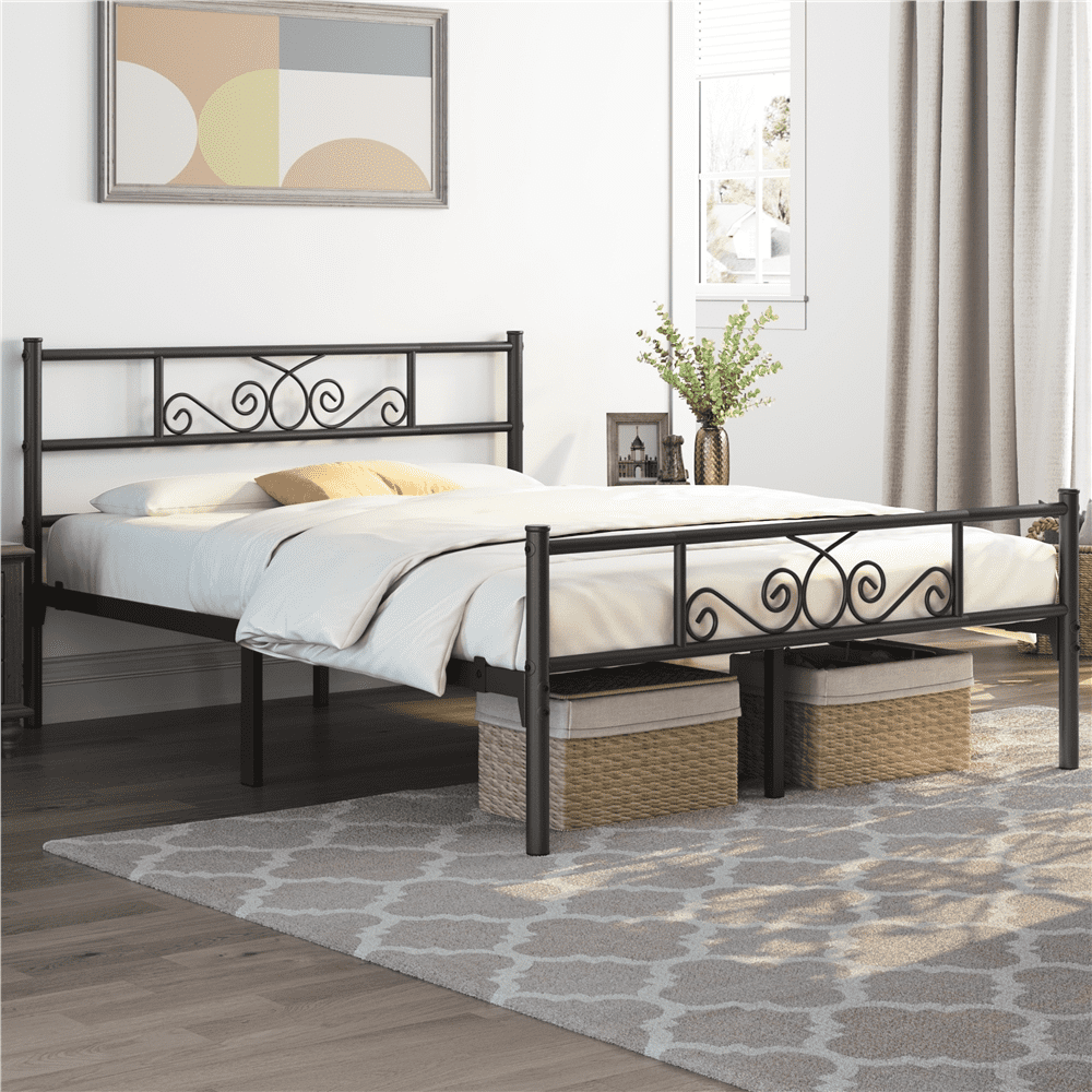 Renwick Graceful Scroll Metal Platform Bed with Headboard and Footboard for Adult, Black, Queen