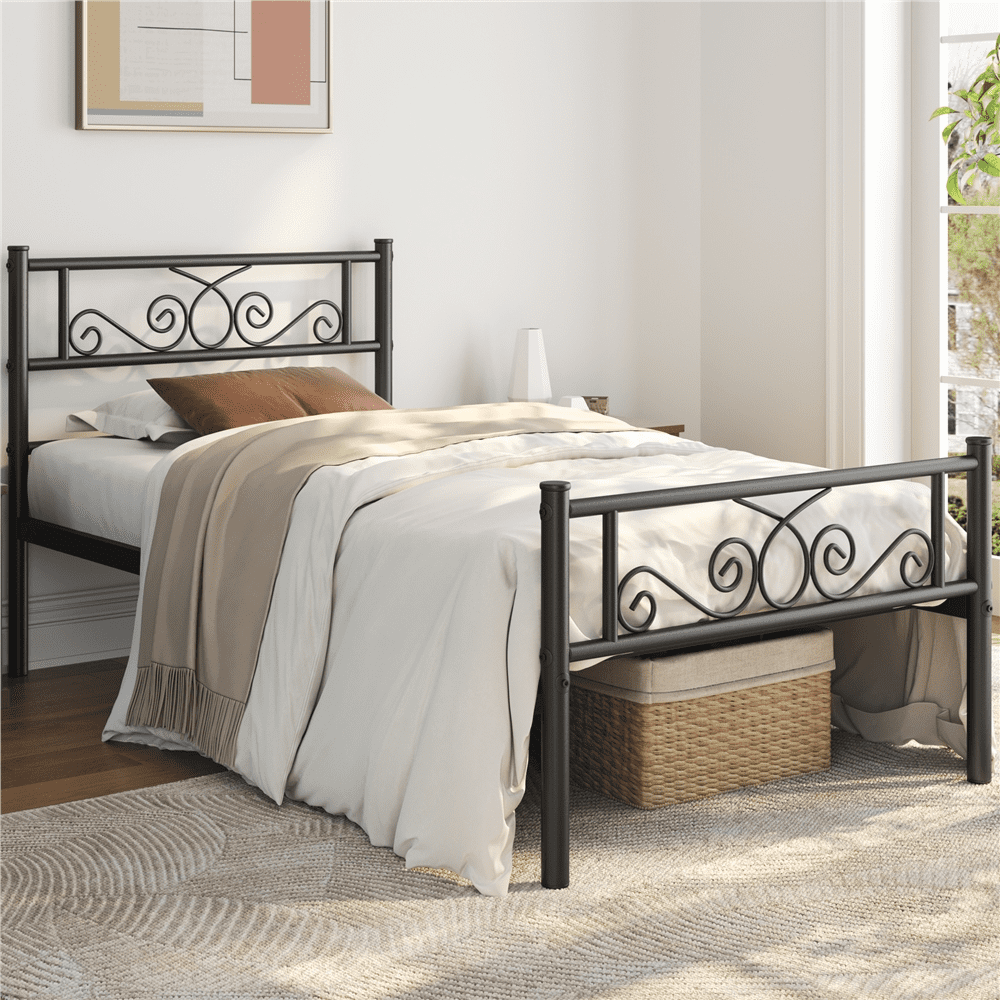 Renwick Modern Scroll Metal Platform Bed, Black, All Ages, Twin