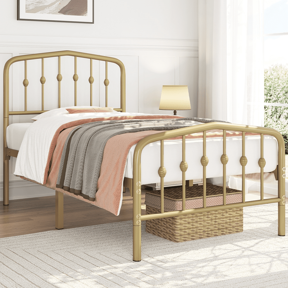 Renwick Metal Platform Twin Bed with Arched Headboard and Footboard, Antique Gold, Adult