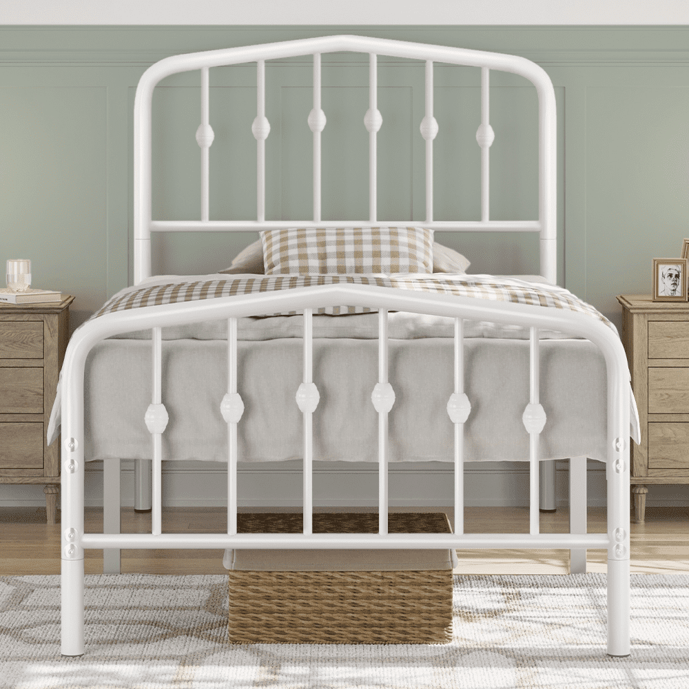 Renwick Twin Size Metal Platform Bed with Arched Headboard and Footboard for Adult, White