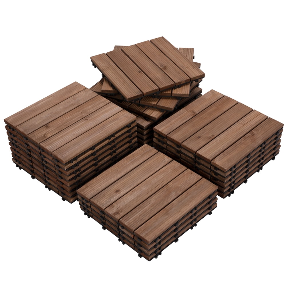 Renwick Pack of 27 Interlocking Wood Flooring Tiles for Outdoor & Indoor, Brown