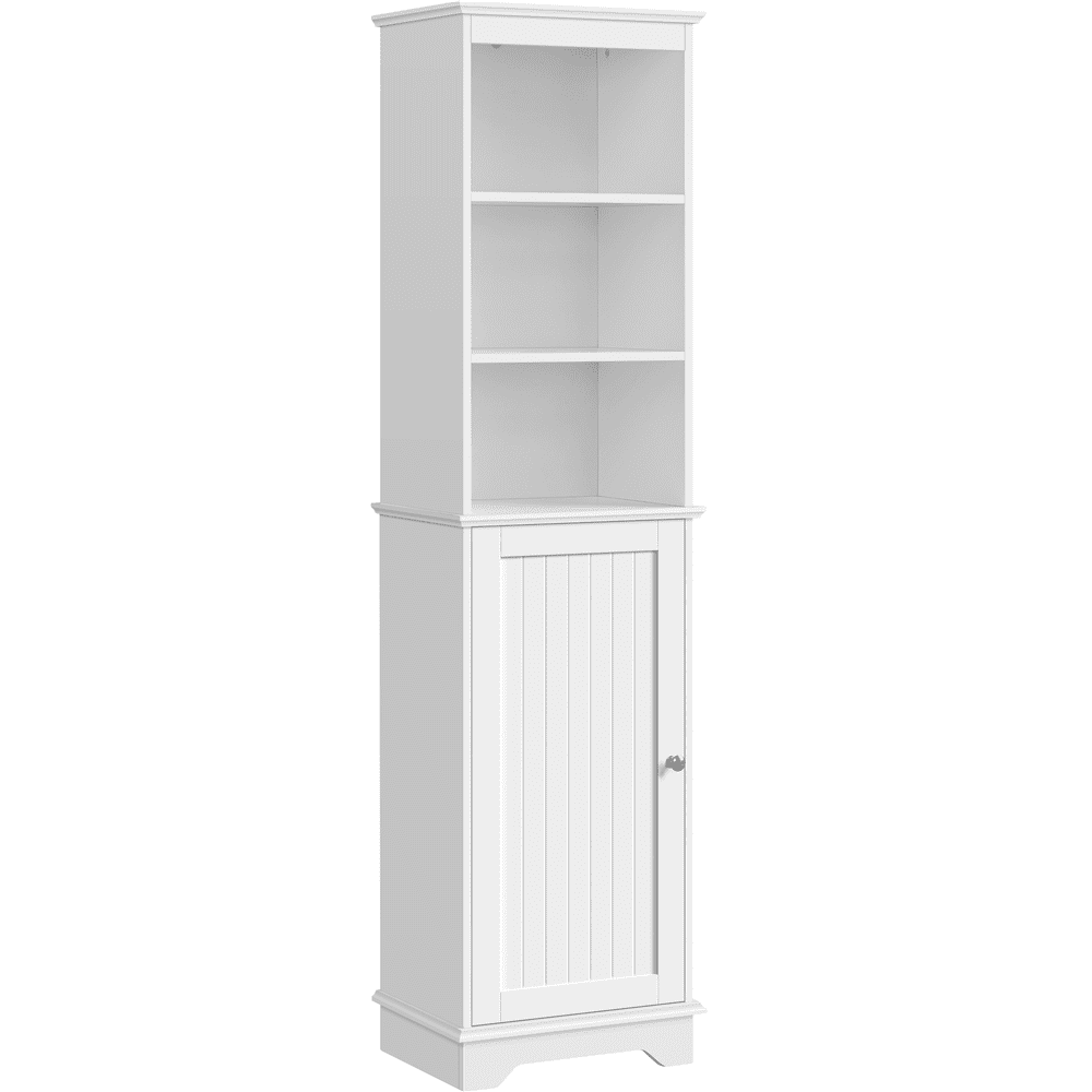 Renwick Tall Slim Storage Cabinet with Single Door and Open Shelves for Home Small Space, White