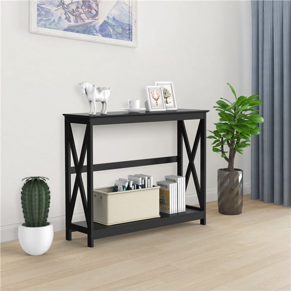 Renwick Transitional Wood X-Design Console Table with Storage Shelf, Black