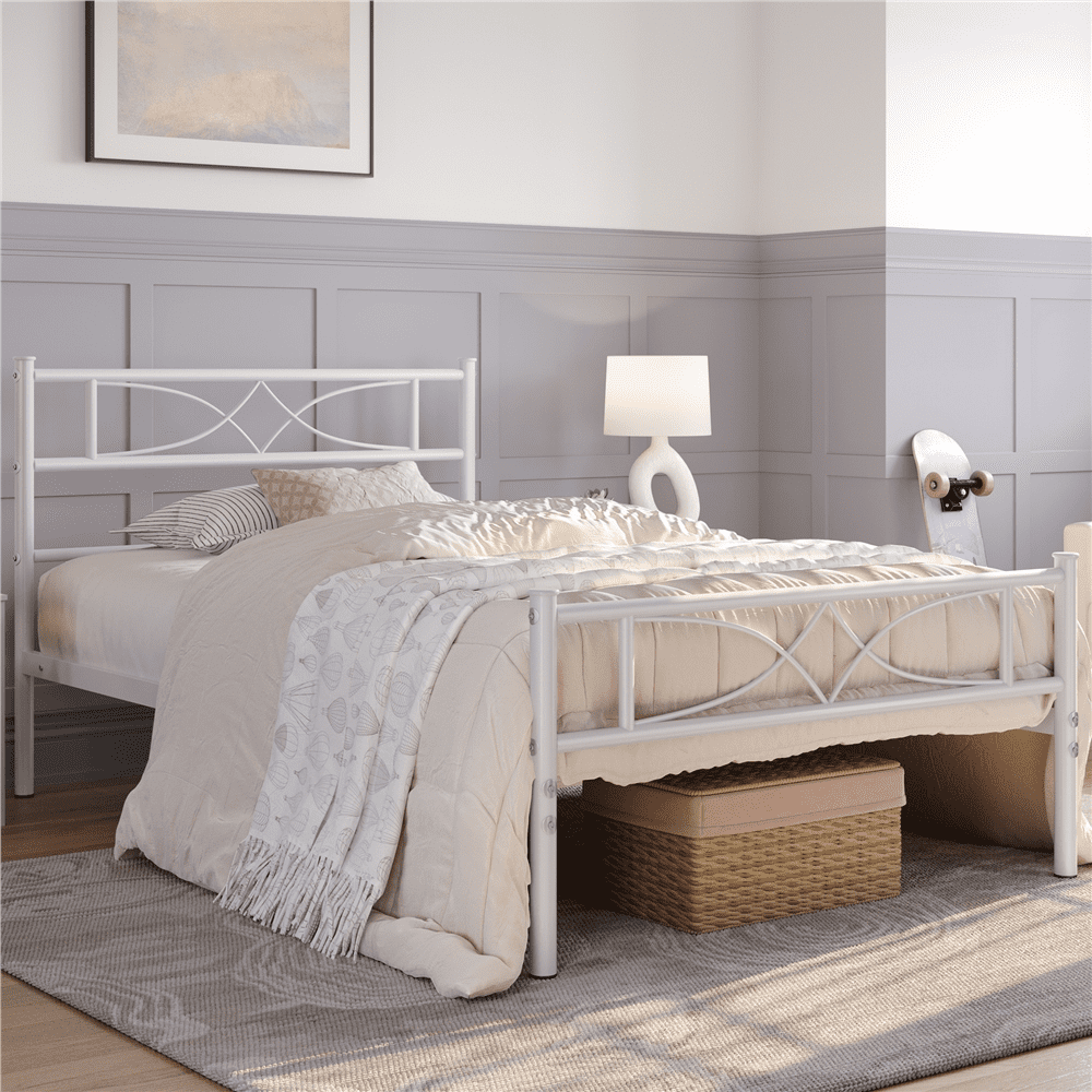 Renwick Twin Size Curved Design Metal Platform Bed for Adult, White
