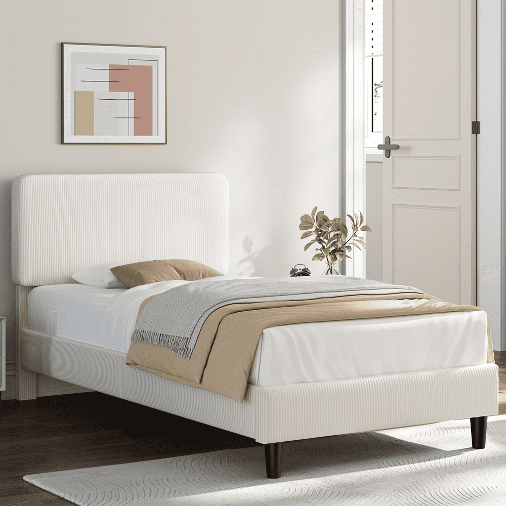 Renwick Upholstered Bed Frame with Wooden Slat Support, King, Beige