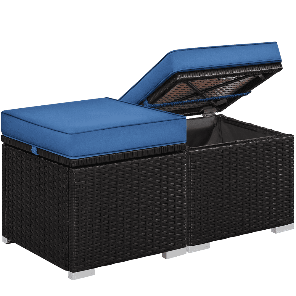 Renwick Wicker Patio Storage Ottomans with Cushions, Set of 2, Brown/Dark Blue
