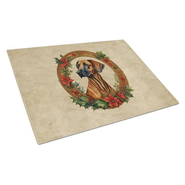Rhodesian Ridgeback Christmas Flowers Glass Cutting Board 12 in x 15 in