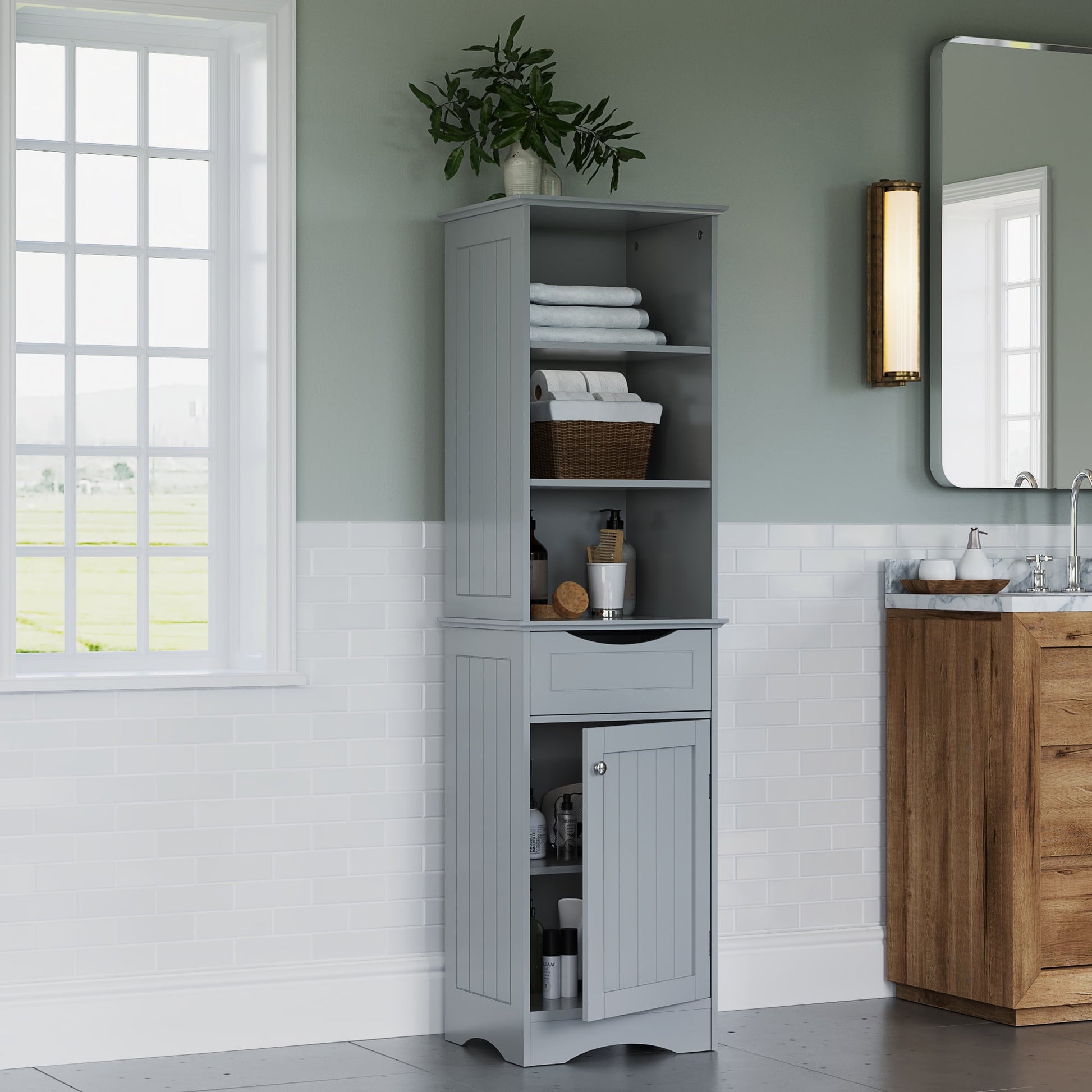 RiverRidge Ashland Tall Bathroom Storage Linen Cabinet Organizer with Drawer - Gray