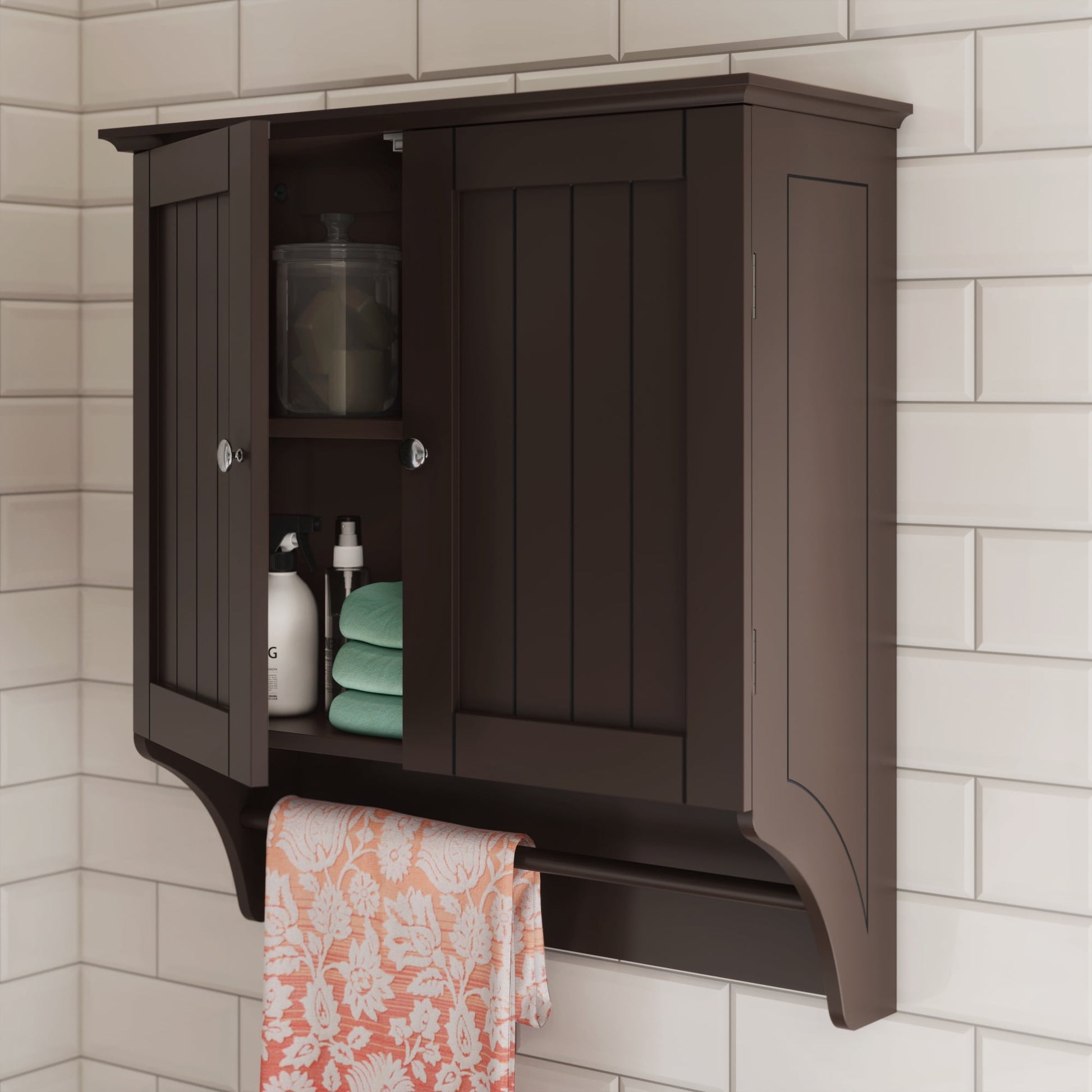 RiverRidge Ashland 2-Door Bathroom Medicine Cabinet Wall Storage with Towel Bar - Espresso