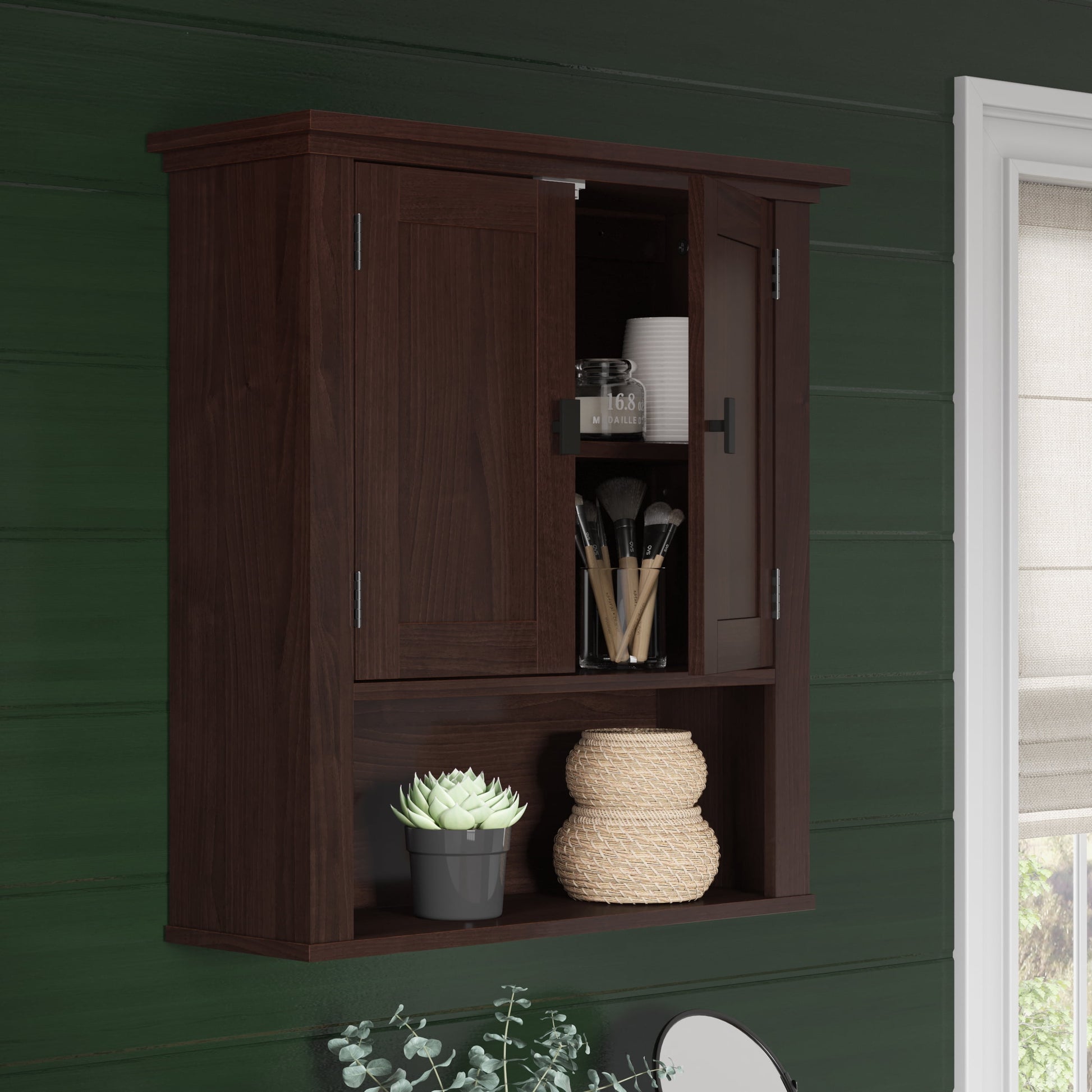 RiverRidge Hayward Gabinete de Medicinas para BaÃ±o de 2 Puertas Estante de Pared Almacenamiento - Veta de Madera Oscura