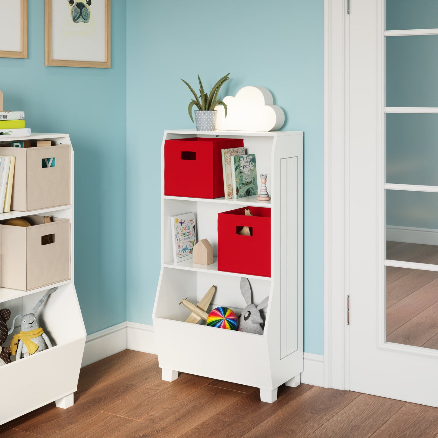 RiverRidge Kids 23in Playroom Bookshelf with Toy Organizer 2 Open Shelves and 2 Red Bins