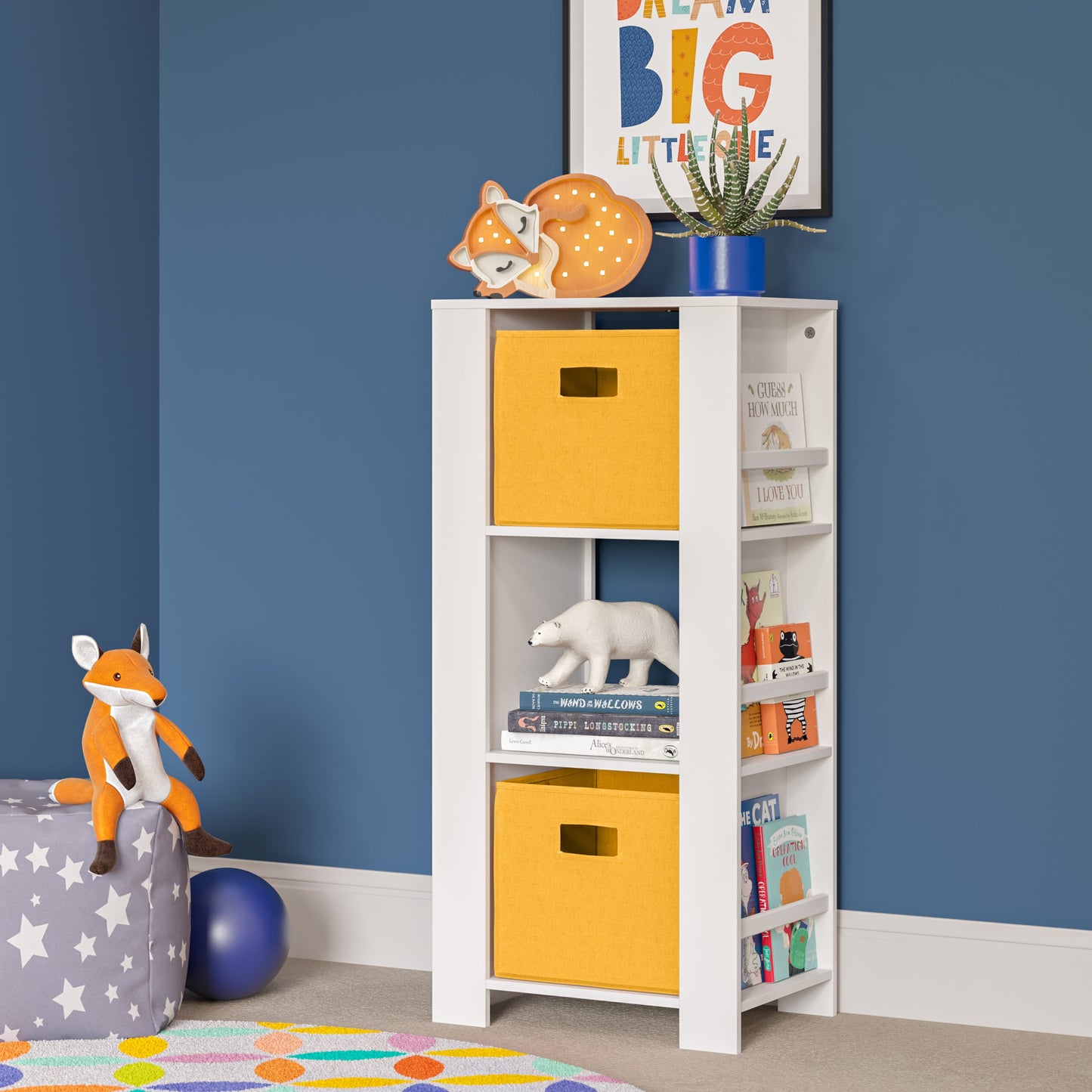 RiverRidge Kids Bookshelf Toy Organizer Tower with 3 Cubbies 6 Bookracks and 2 Yellow Bins