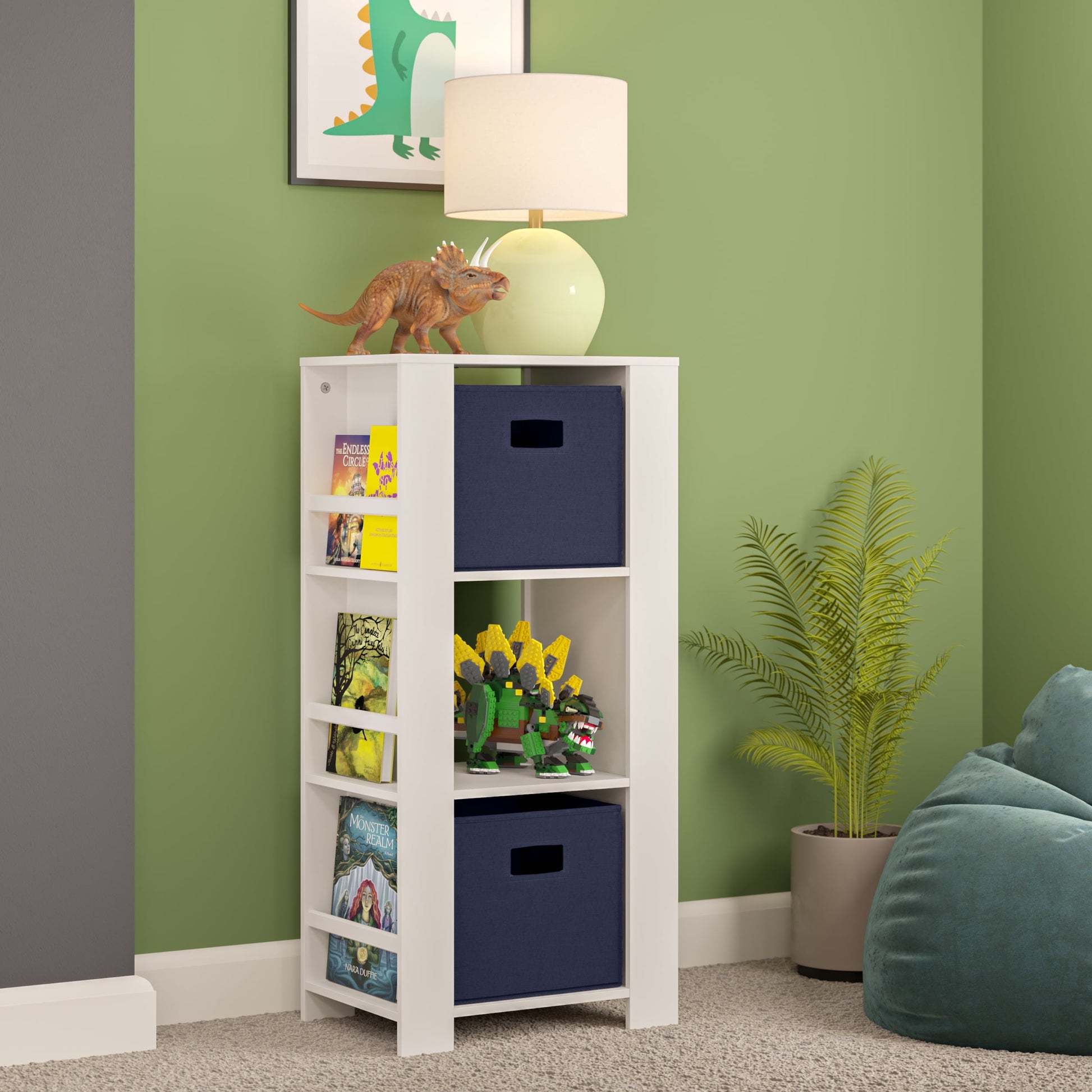 RiverRidge Kids Bookshelf Toy Organizer Tower with 3 Cubbies 6 Bookracks and 2 Gray Bins