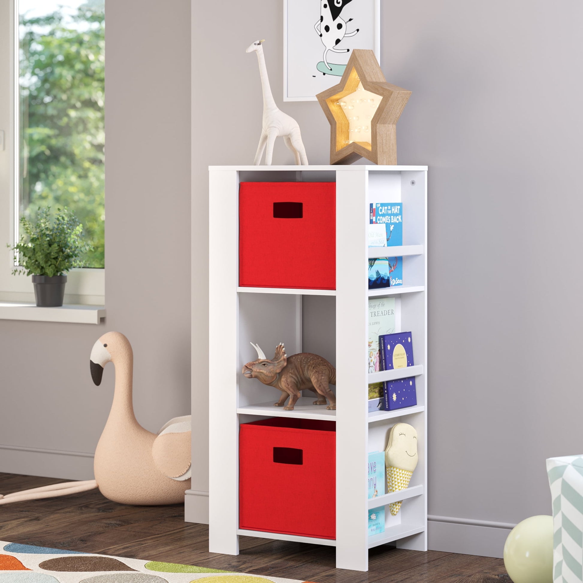 RiverRidge Kids Bookshelf Toy Organizer Tower with 3 Cubbies 6 Bookracks and 2 Red Bins