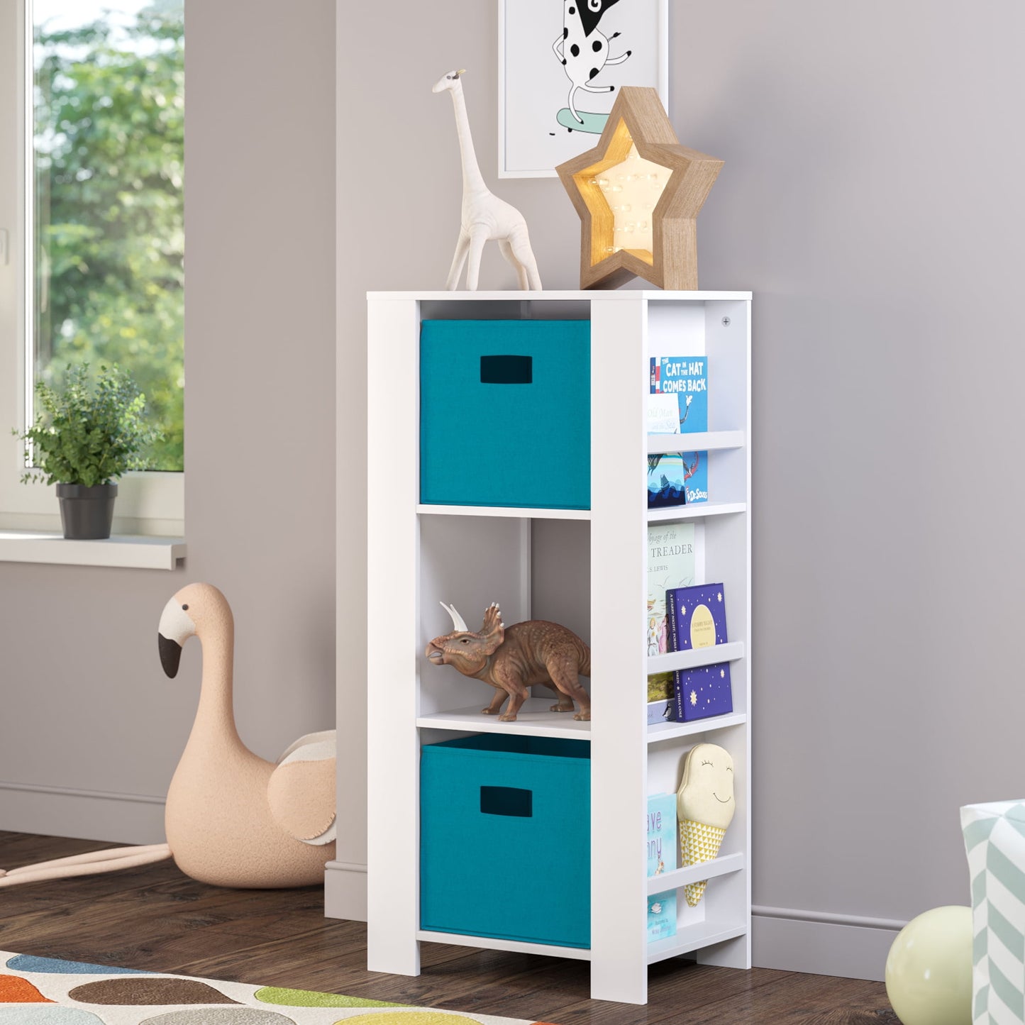 RiverRidge Kids Bookshelf Toy Organizer Tower with 3 Cubbies 6 Bookracks and 2 Aqua Bins