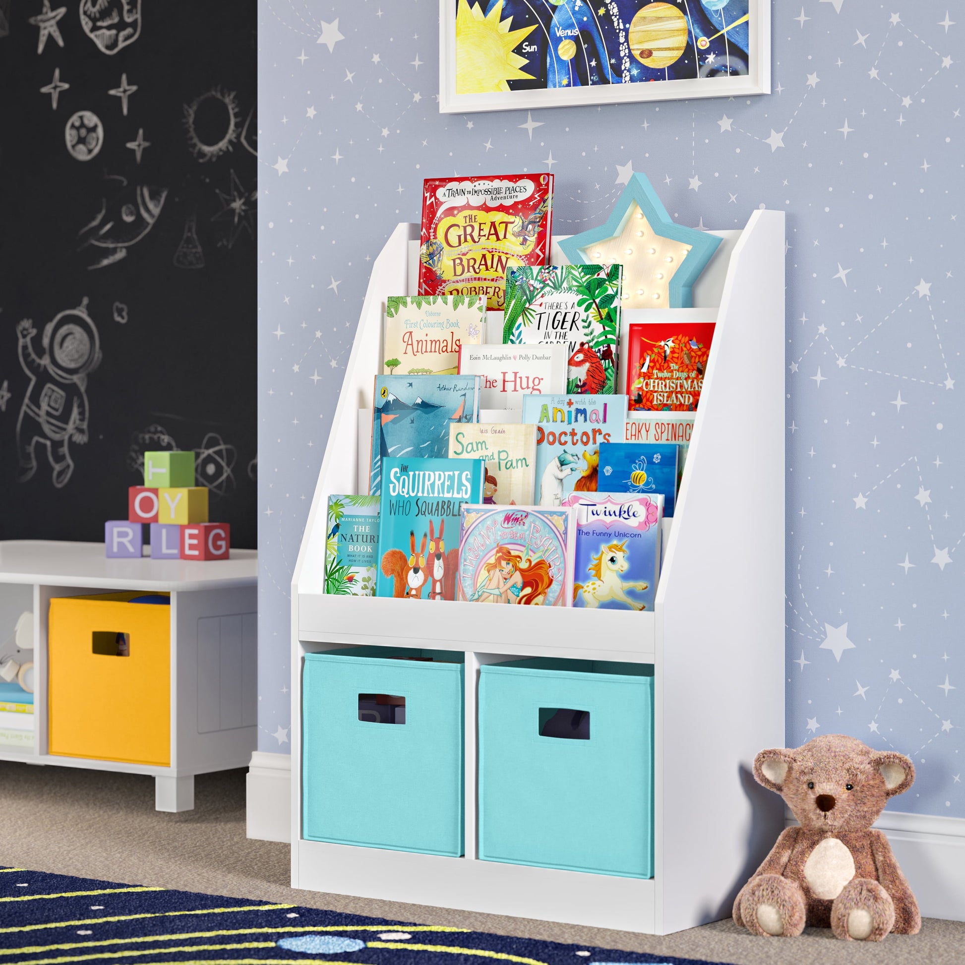 RiverRidge Kid Bookshelf Toy Storage Organizer with 4 Bookracks 2 Cubbies and 2 Aqua Bins