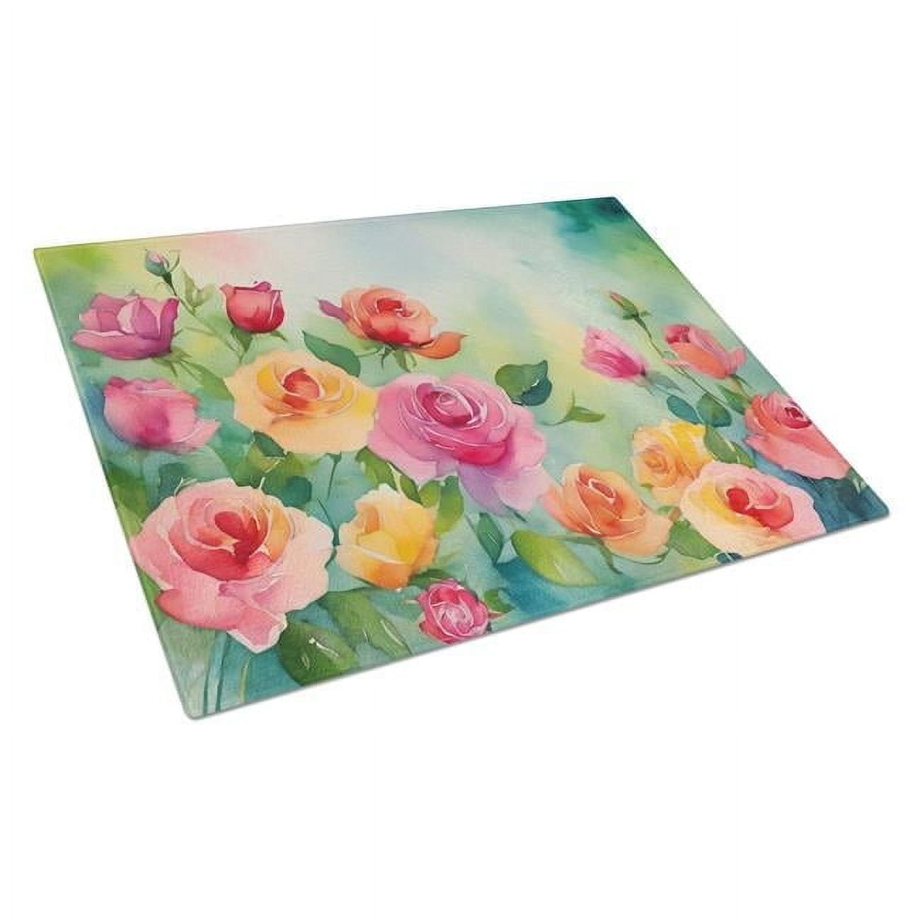 Roses in Watercolor Glass Cutting Board Large 12 in x 15 in