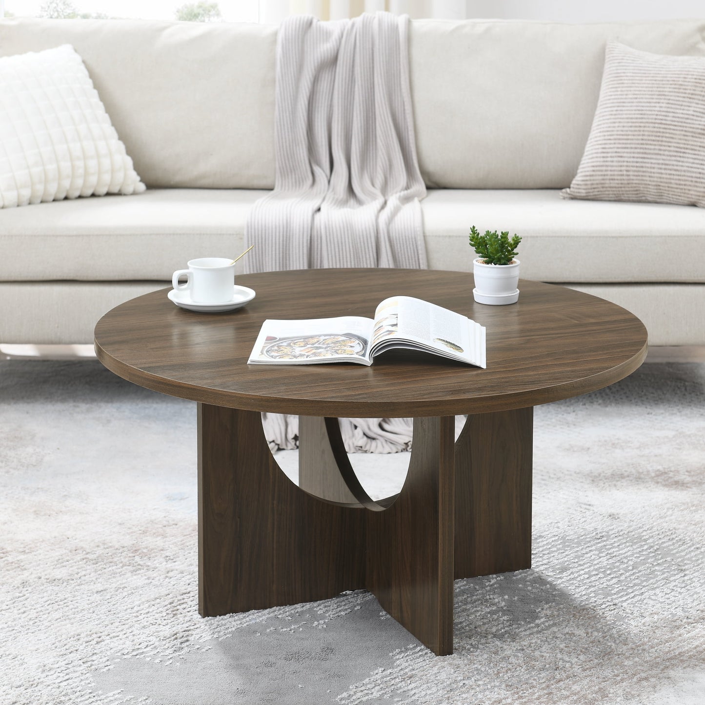 Round Coffee Table,Nordic Style Solid Wood Coffee Table with Wood Leg,Natural Walnut