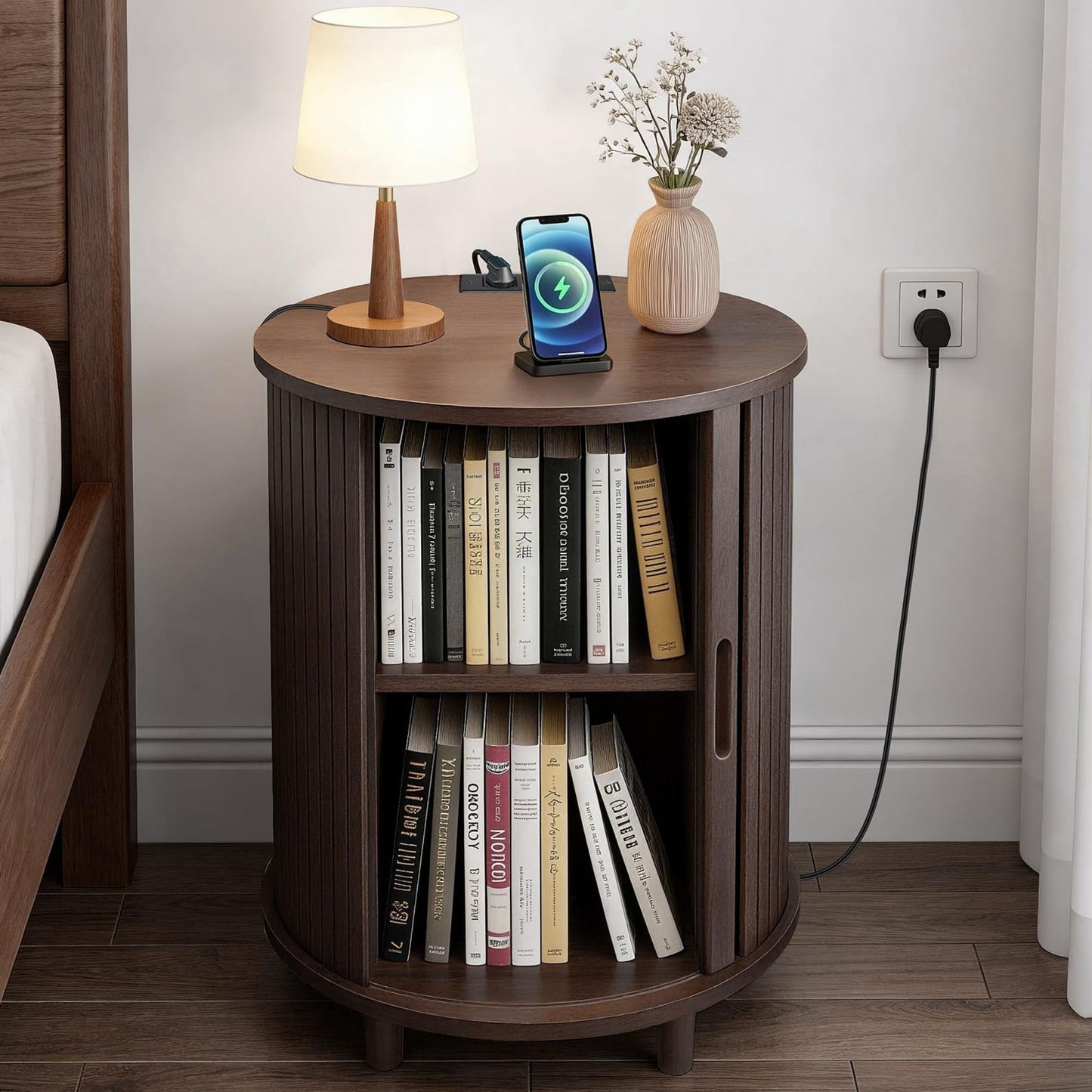 Round End Table with Charging Station, Fluted Nightstand with Sliding Door & Adjustable Shelf, Mid Century Side Table, Coffee