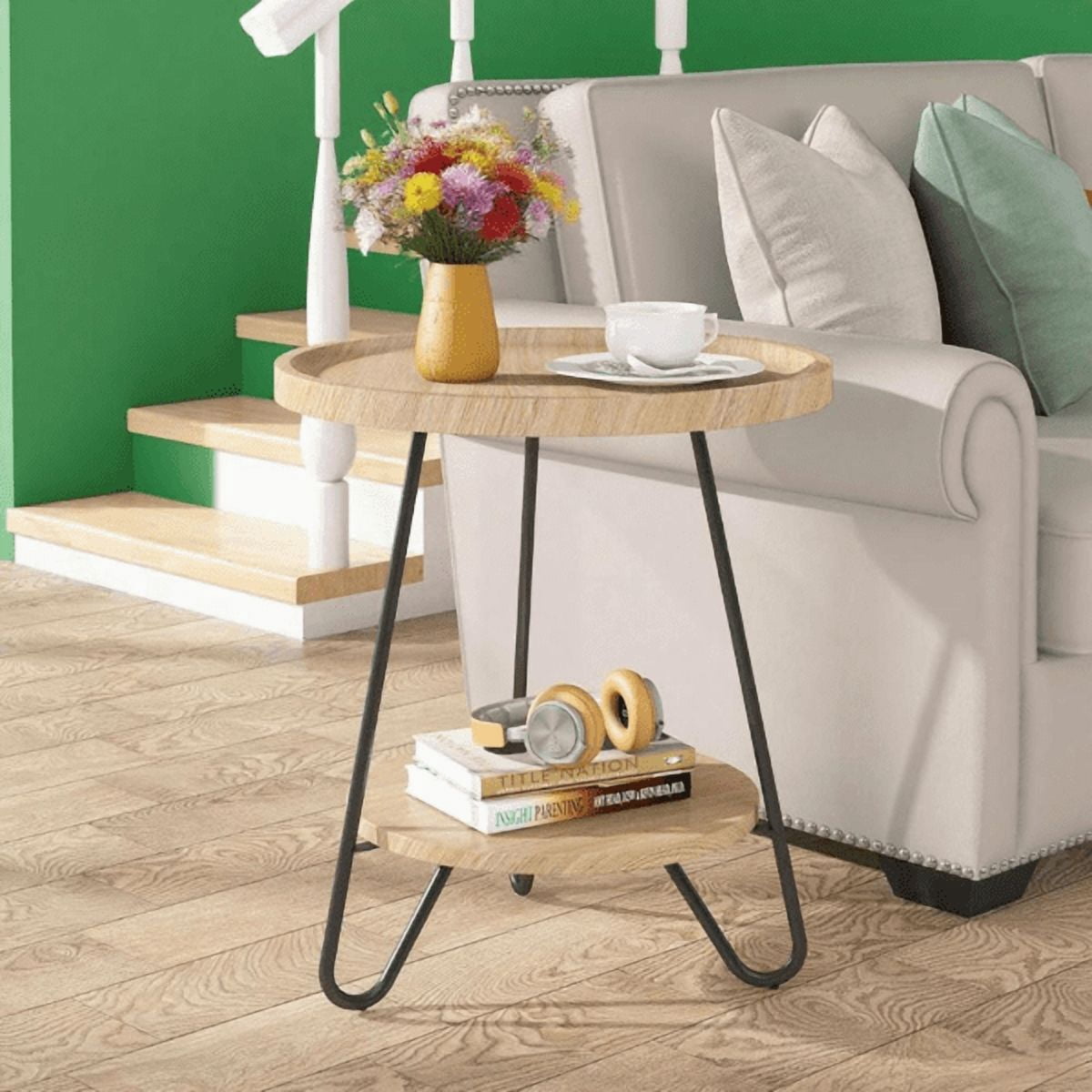 Round End Table with Lower Shelf, 20 inch Industrial Side Table for Living Room, Bedroom - Light & Dark Color Options, 70lbs Capacity