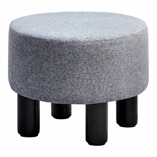 Round Linen Ottoman Foot Stool â€“ Padded Footrest with Non-Skid Pine Legs, Soft Step Stool for Couch, Desk, Dorm, Office, Hallway Dark Grey