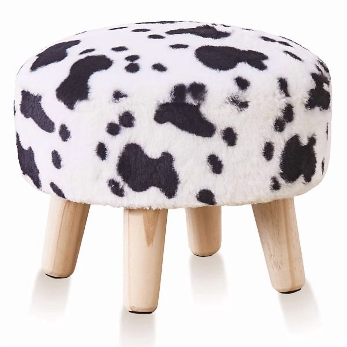 Round Mushroom Footstool Ottoman, Rabbit Wool Upholstered Small Stool with Solid Wood Legs, Cute Shoe Changing Stool, Step Stool, Sofa Footrest for Living Room & Bedroom Cow